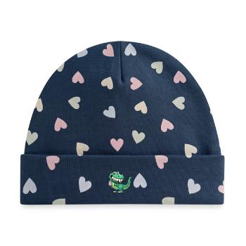 Süßer T-Rex Cartoon schüchtern grinsend - Baby Premium Organic Mütze - Marineblau/Bunte Herzen - Vorne