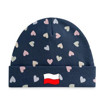 Handgezeichnete polnische Flagge - Baby Premium Organic Mütze - Marineblau/Bunte Herzen - Vorne