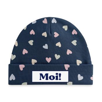 Finnland Moi Gruß - Baby Premium Organic Mütze - Marineblau/Bunte Herzen - Vorne