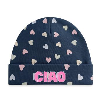 CIAO mit Blumen – Retro-Schriftzug in Pink und Min - Baby Premium Organic Mütze - Marineblau/Bunte Herzen - Vorne