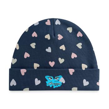 Arezza Blue Eyes-Logo auf Splash - Baby Premium Organic Mütze - Marineblau/Bunte Herzen - Vorne