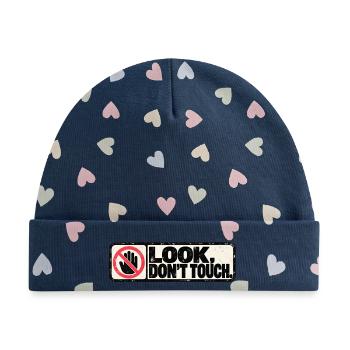 Look, Don't Touch – Retro Warning Design - Baby Premium Organic Mütze - Marineblau/Bunte Herzen - Vorne