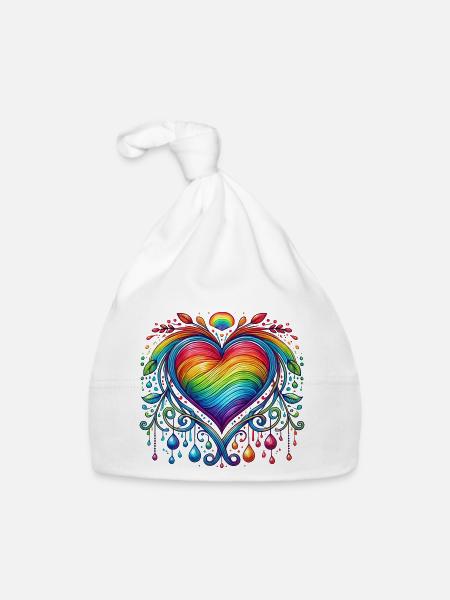 Regenbogen Herz - Baby Bio-Mütze - Weiß - Vorne