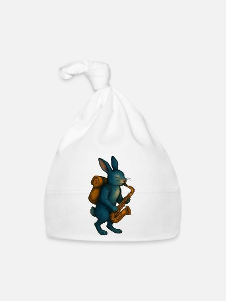 Lapin Bleu avec Saxophone - Bonnet bio Bébé - blanc - Devant