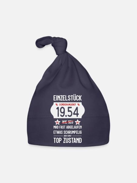 72. GEBURTSTAG 1954 EINZELSTÜCK PREISSCHILD - Baby Bio-Mütze - Navy - Vorne