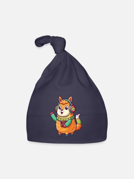 Lama Funny Cartoon Character Casquephone Musique - Bonnet bio Bébé - marine - Devant