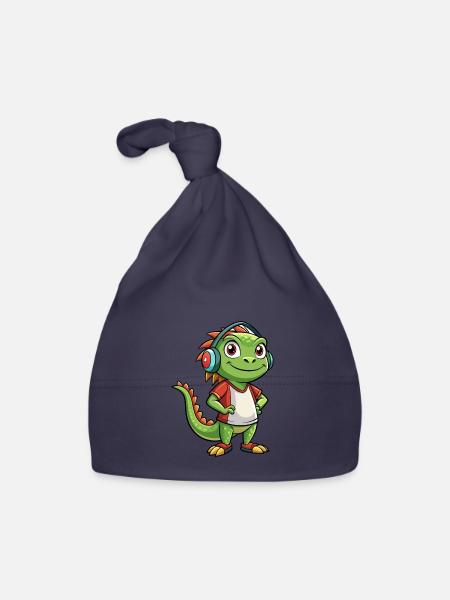Leguan Lustige Zeichentrickfigur Kopfhörer Musik - Baby Bio-Mütze - Navy - Vorne