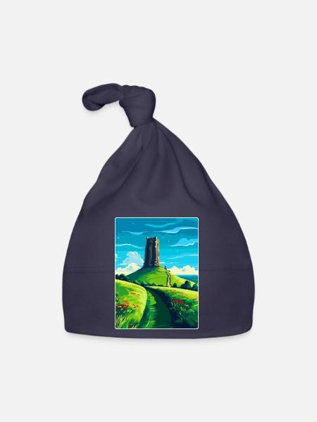 Glastonbury Tor England Uk Reise Poster Souvenir - Baby Bio-Mütze - Navy - Vorne