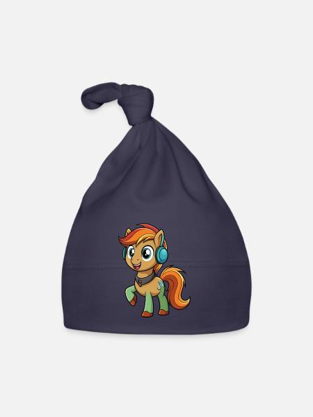 Pony Lustige Zeichentrickfigur Kopfhörer Musik - Baby Bio-Mütze - Navy - Vorne