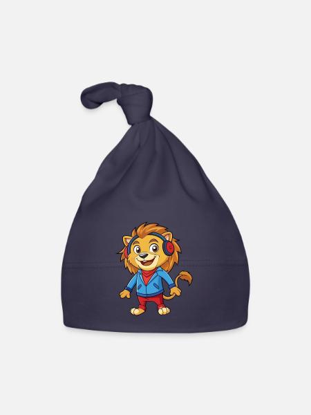 Löwe Lustige Zeichentrickfigur Kopfhörer Musik - Baby Bio-Mütze - Navy - Vorne