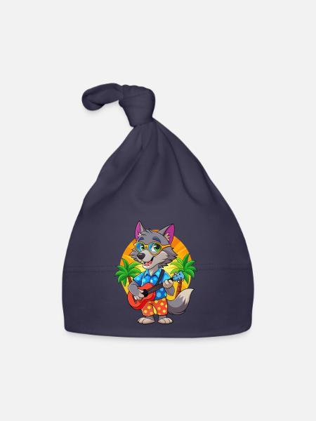 Lustige Wolf Cartoon Sommer Strand Sonnenbrille Gitarre - Baby Bio-Mütze - Navy - Vorne