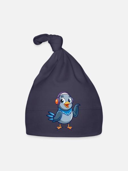 Taube Lustige Zeichentrickfigur Kopfhörer Musik - Baby Bio-Mütze - Navy - Vorne