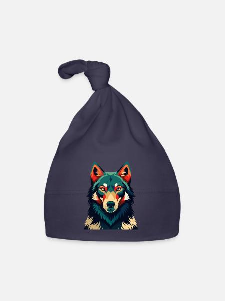 Wolf Cartoon Figur Buntes Haustier Tier - Baby Bio-Mütze - Navy - Vorne