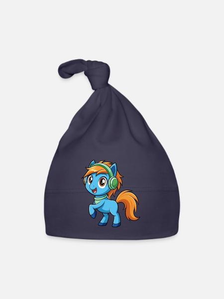 Pony Lustige Zeichentrickfigur Kopfhörer Musik - Baby Bio-Mütze - Navy - Vorne