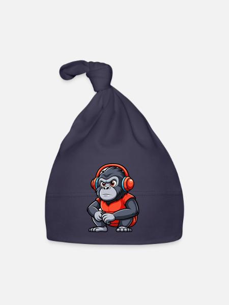 Gorilla Lustige Zeichentrickfigur Kopfhörer Musik - Baby Bio-Mütze - Navy - Vorne