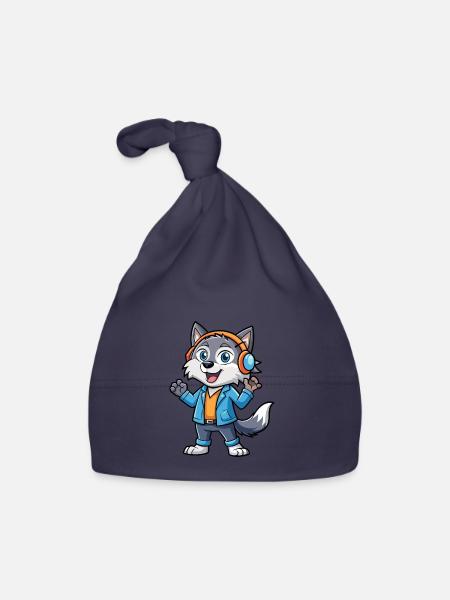 Wolf Lustige Zeichentrickfigur Kopfhörer Musik - Baby Bio-Mütze - Navy - Vorne