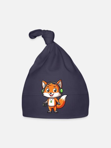 Fuchs Lustige Zeichentrickfigur Kopfhörer Musik - Baby Bio-Mütze - Navy - Vorne