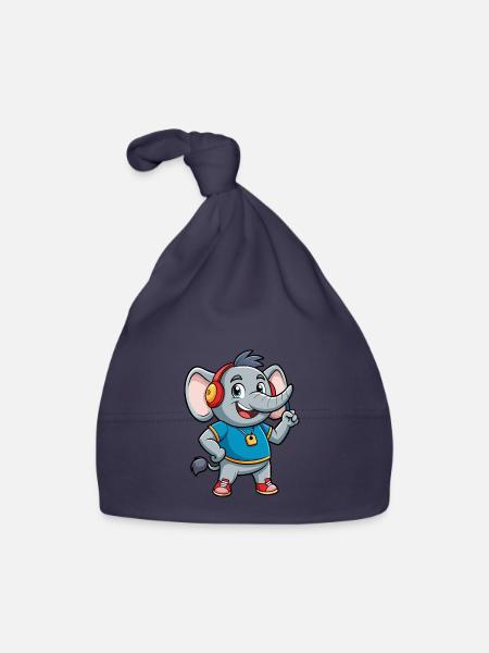 Elefant Lustige Zeichentrickfigur Kopfhörer Musik - Baby Bio-Mütze - Navy - Vorne