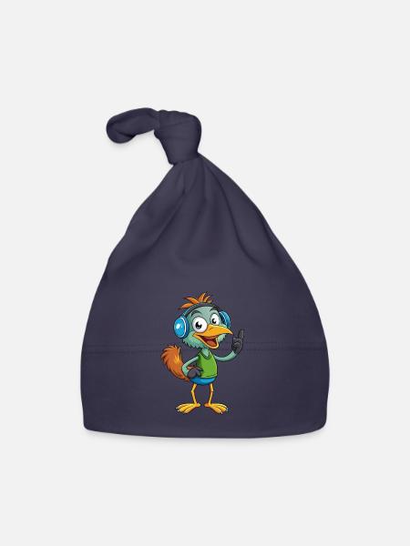 Emu Lustige Zeichentrickfigur Kopfhörermusik - Baby Bio-Mütze - Navy - Vorne