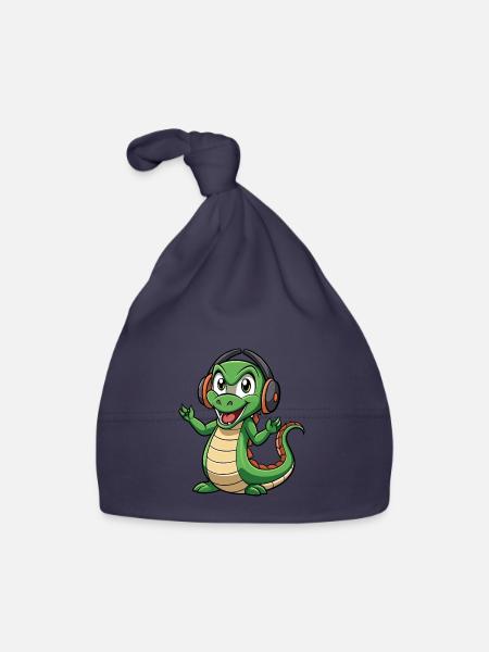 Anaconda drôle dessin animé personnage casque musique - Bonnet bio Bébé - marine - Devant