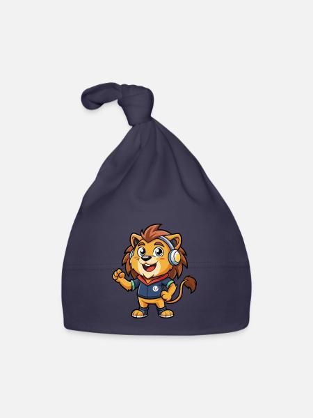 Löwe Lustige Zeichentrickfigur Kopfhörer Musik - Baby Bio-Mütze - Navy - Vorne