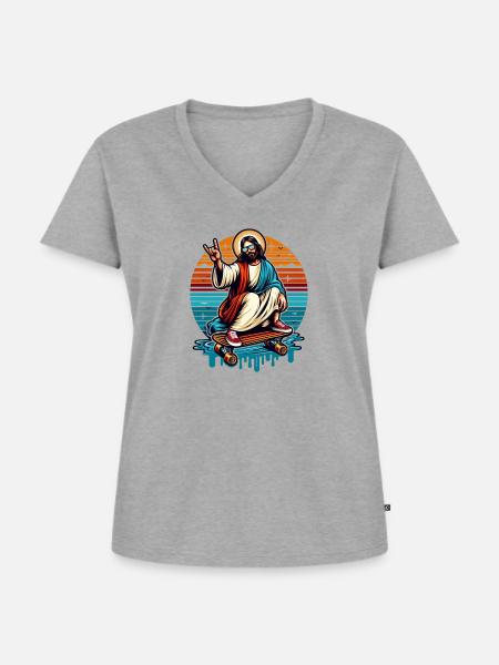 Jesus Skateboard - Frauen Premium Bio T-Shirt mit V-Ausschnitt - Grau meliert