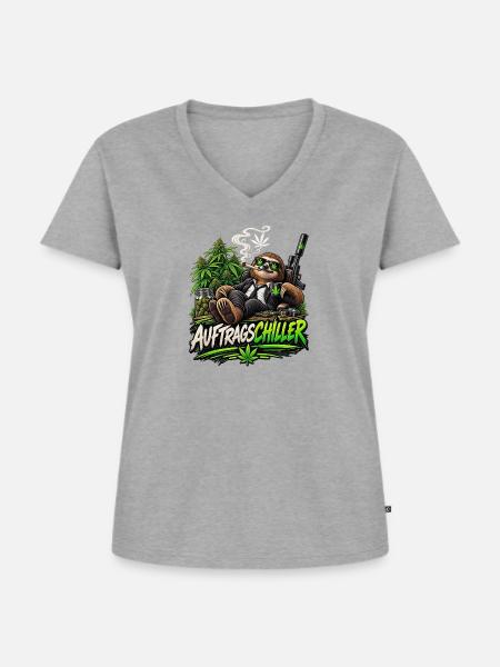 Auftragschiller – Faultier mit Cannabis-Humor - Frauen Premium Bio T-Shirt mit V-Ausschnitt - Grau meliert