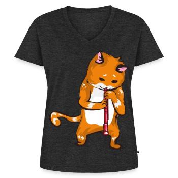 Schnurrende Oboenkatze Orchester - Frauen Premium Bio T-Shirt mit V-Ausschnitt - Anthrazit meliert - Vorne - AI Model Female 172 light (172cm)
