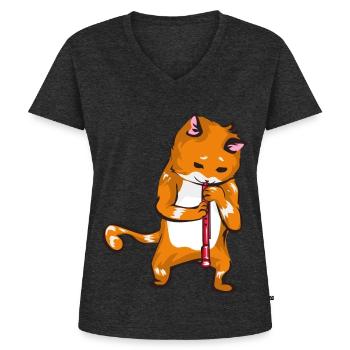 Schnurrende Oboenkatze Orchester - Frauen Premium Bio T-Shirt mit V-Ausschnitt - Anthrazit meliert - Vorne - AI Model Female 172 light (172cm)