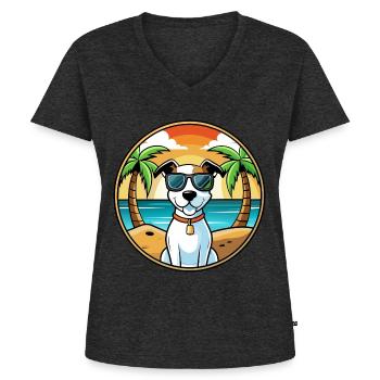 Parson Russell Terrier Hunderasse Cartoon Beach - Frauen Premium Bio T-Shirt mit V-Ausschnitt - Anthrazit meliert - Vorne - AI Model Female 172 light (172cm)