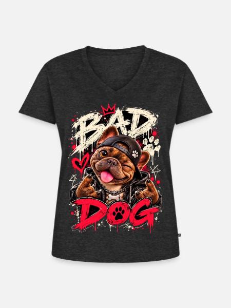 Bad Dog Street Bulldog - Frauen Premium Bio T-Shirt mit V-Ausschnitt - Anthrazit meliert