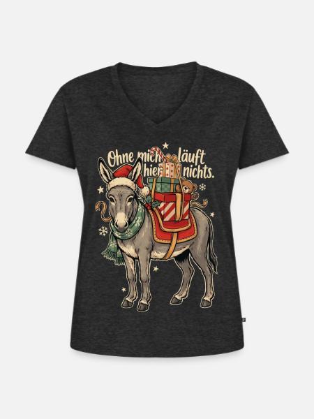 Weihnachtsesel mit Nikolausmütze - Frauen Premium Bio T-Shirt mit V-Ausschnitt - Anthrazit meliert