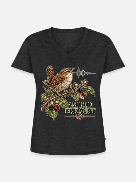 Zaunkönig – Am Ruf erkannt - Frauen Premium Bio T-Shirt mit V-Ausschnitt - Anthrazit meliert