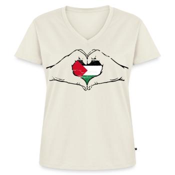 Palästina Flagge Herzform used - Frauen Premium Bio T-Shirt mit V-Ausschnitt - Naturweiß - Vorne - AI Model Female 172 dark (172cm)