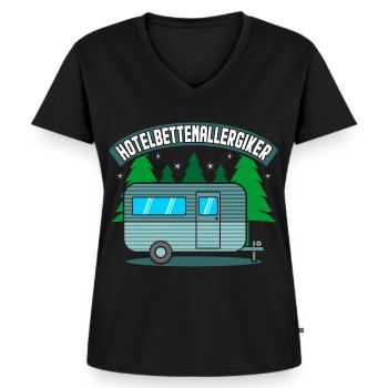 Hotelbettenallergiker Lustiger Camper Spruch Campi - Frauen Premium Bio T-Shirt mit V-Ausschnitt - Schwarz - Vorne - AI Model Female 172 light (172cm)