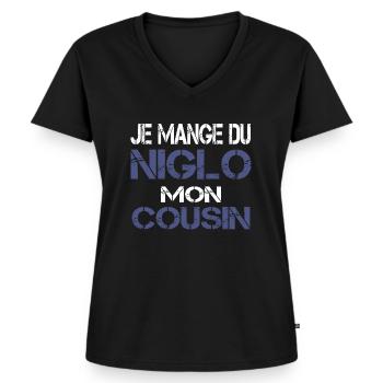 Je mange du Niglo - T-shirt encolure en V Premium bio Femme - noir - Devant - AI Model Female 172 light (172cm)