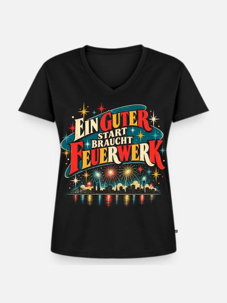 Ein guter Start braucht Feuerwerk - Frauen Premium Bio T-Shirt mit V-Ausschnitt - Schwarz