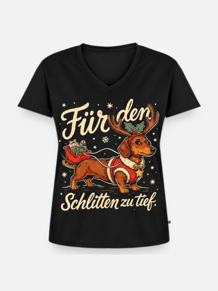 Dackel mit Weihnachtsschlitten und Geschenken - Frauen Premium Bio T-Shirt mit V-Ausschnitt - Schwarz