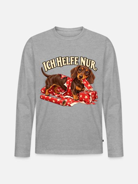 Dackel Weihnachten – Ich helfe nur - Männer Premium Bio Langarmshirt - Grau meliert