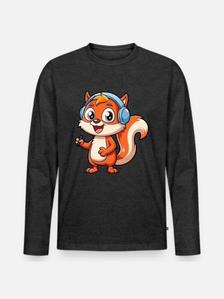 Ekorre Rolig Tecknad Figur Hörlurar Musik - Ekologisk långärmad premium-T-shirt herr - antracitmelerad
