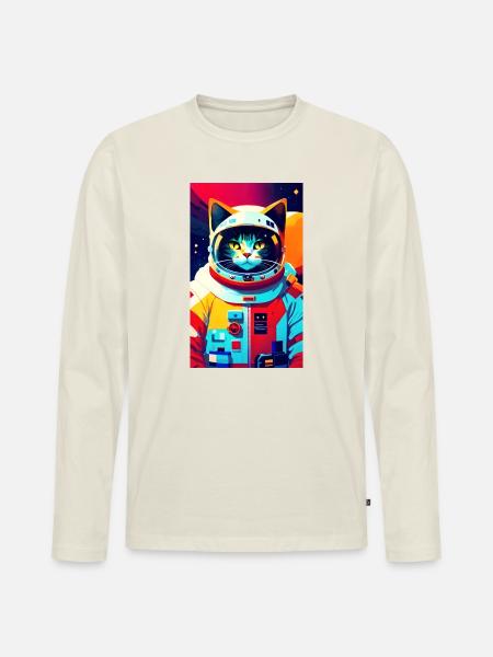 Chat astronaute - T-shirt manches longues Premium bio Homme - blanc cassé