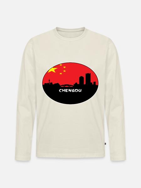 Chengdu-China-Flaggen-Skyline-Schattenbild-Reise - Männer Premium Bio Langarmshirt - Naturweiß