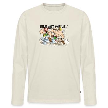 Obelix: Eile mit Weile! - Männer Premium Bio Langarmshirt - Naturweiß - Vorne - Nico (187cm)