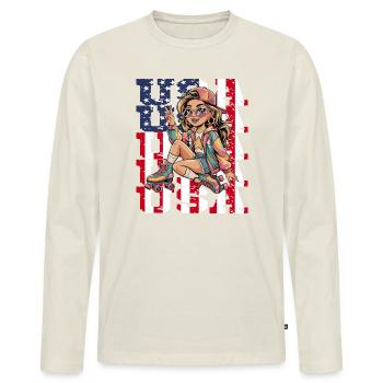  Stylisches USA-Retro-Girl auf Rollschuhen mit - Männer Premium Bio Langarmshirt - Naturweiß - Vorne - Nico (187cm)