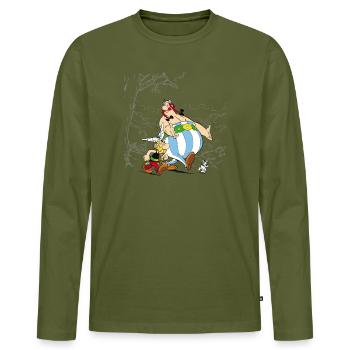 Asterix & Obelix Spaziergang Mit Idefix - Männer Premium Bio Langarmshirt - Khaki - Vorne - Nico (187cm)