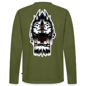 Tätowierter schwarzer Totenkopf und Kreuz - Männer Premium Bio Langarmshirt - Khaki - Hinten - Nico (187cm)