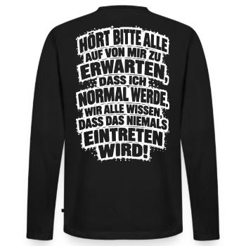 Lustiger Spruch Hört bitte alle auf, von mir zu... - Männer Premium Bio Langarmshirt - Schwarz - Hinten - Nico (187cm)