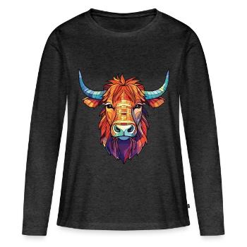 Highland Cow Bunte Aquarell-Tier-Karikatur - Frauen Premium Bio Langarmshirt - Anthrazit meliert - Vorne - Julia (174cm)