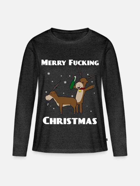 Merry Fucking Christmas Rentiere - Frauen Premium Bio Langarmshirt - Anthrazit meliert