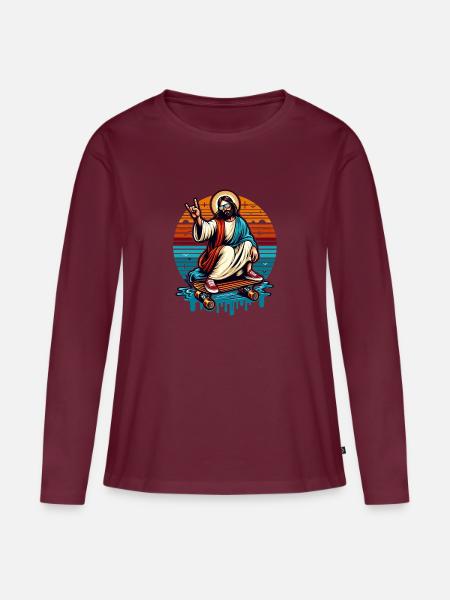Jesus Skateboard - Frauen Premium Bio Langarmshirt - Burgunderrot